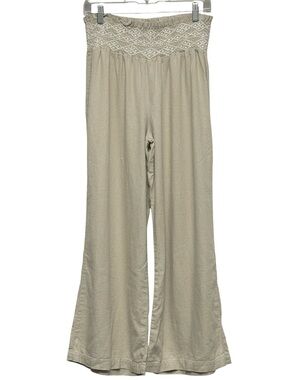 Wide Leg Linen Blend Pull-On Pants Smocked Embroidered Waistband Boho Size Large